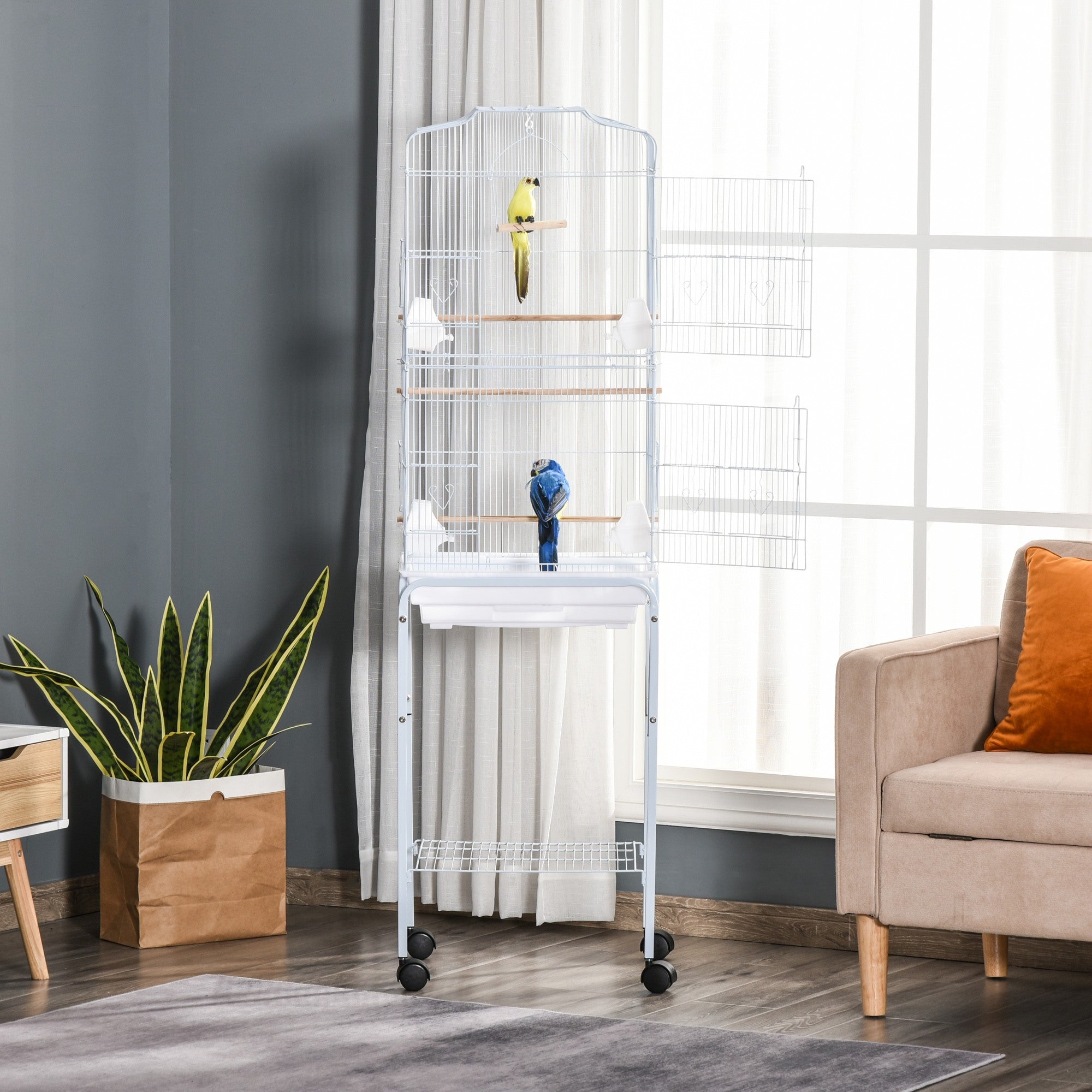 Easycomfort Gabbia per Uccelli, Voliera in Metallo e Acciaio with Ruote, Trespoli e Ciotole, 46.5x36x157cm, white