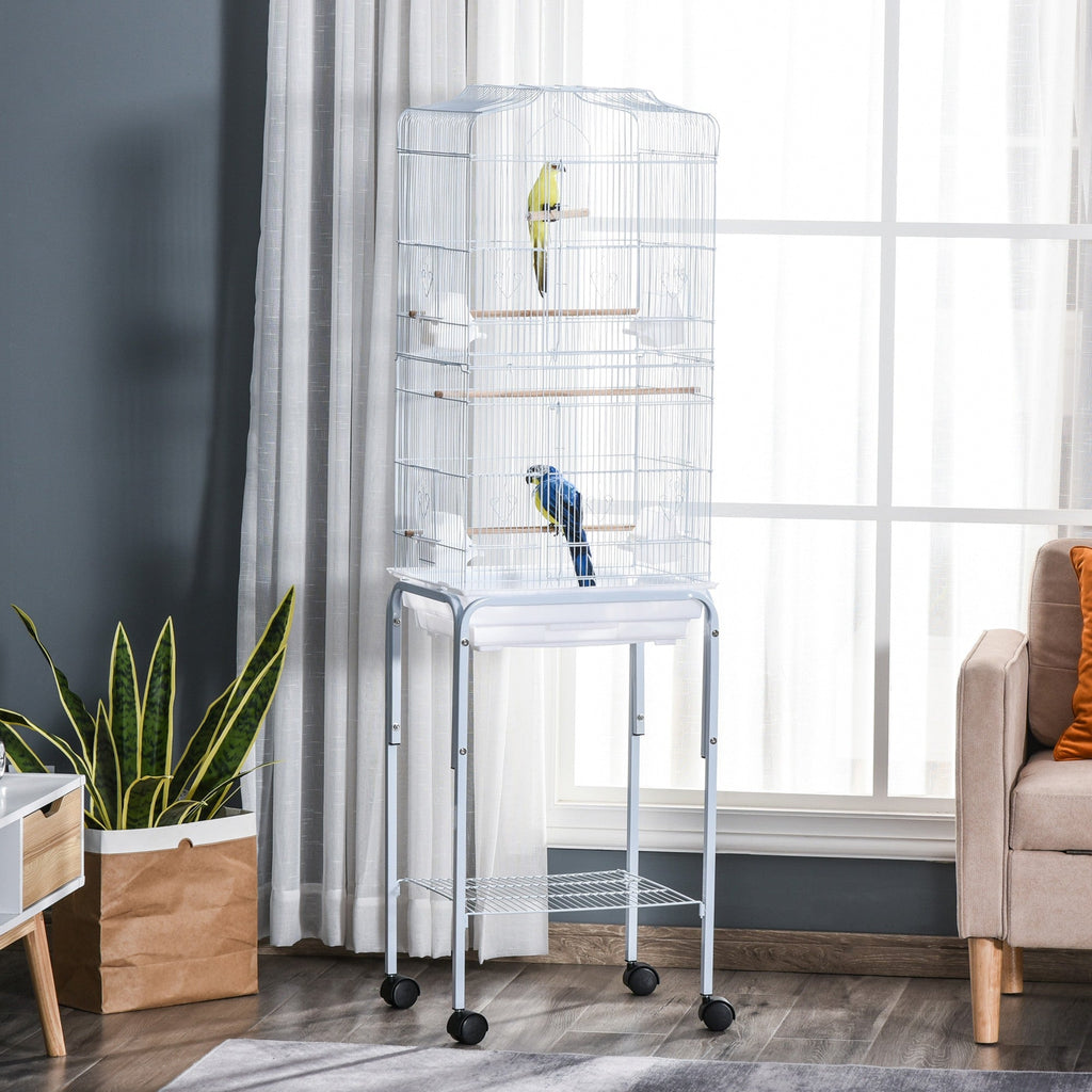 Easycomfort Gabbia per Uccelli, Voliera in Metallo e Acciaio with Ruote, Trespoli e Ciotole, 46.5x36x157cm, white
