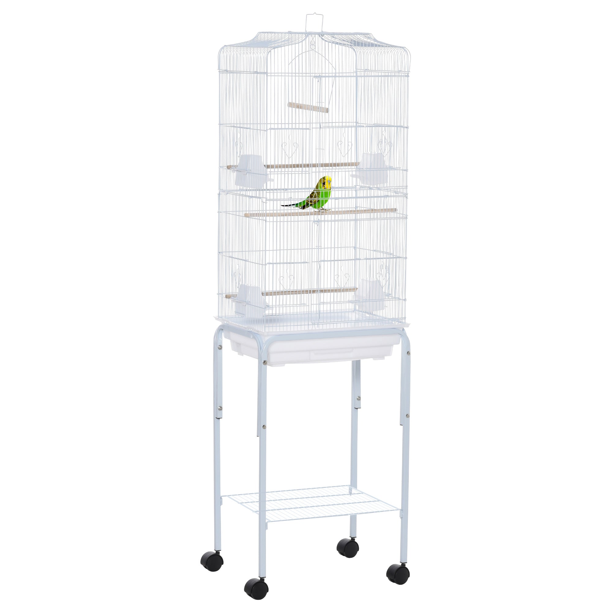 Easycomfort Gabbia per Uccelli, Voliera in Metallo e Acciaio with Ruote, Trespoli e Ciotole, 46.5x36x157cm, white