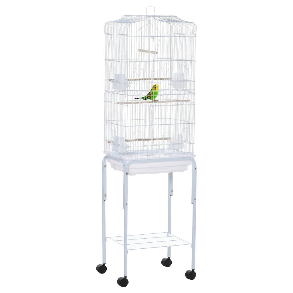 Easycomfort Gabbia per Uccelli, Voliera in Metallo e Acciaio with Ruote, Trespoli e Ciotole, 46.5x36x157cm, white