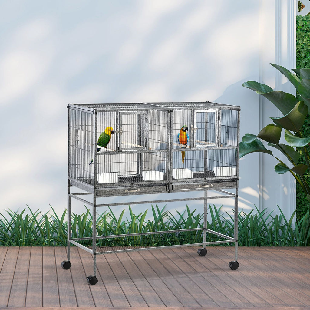 EASYCOMFORT Double Metal Bird Cage with Removable Trays, Stand with 4 Wheels and Shelf, 95x45.5x102cm, Gray