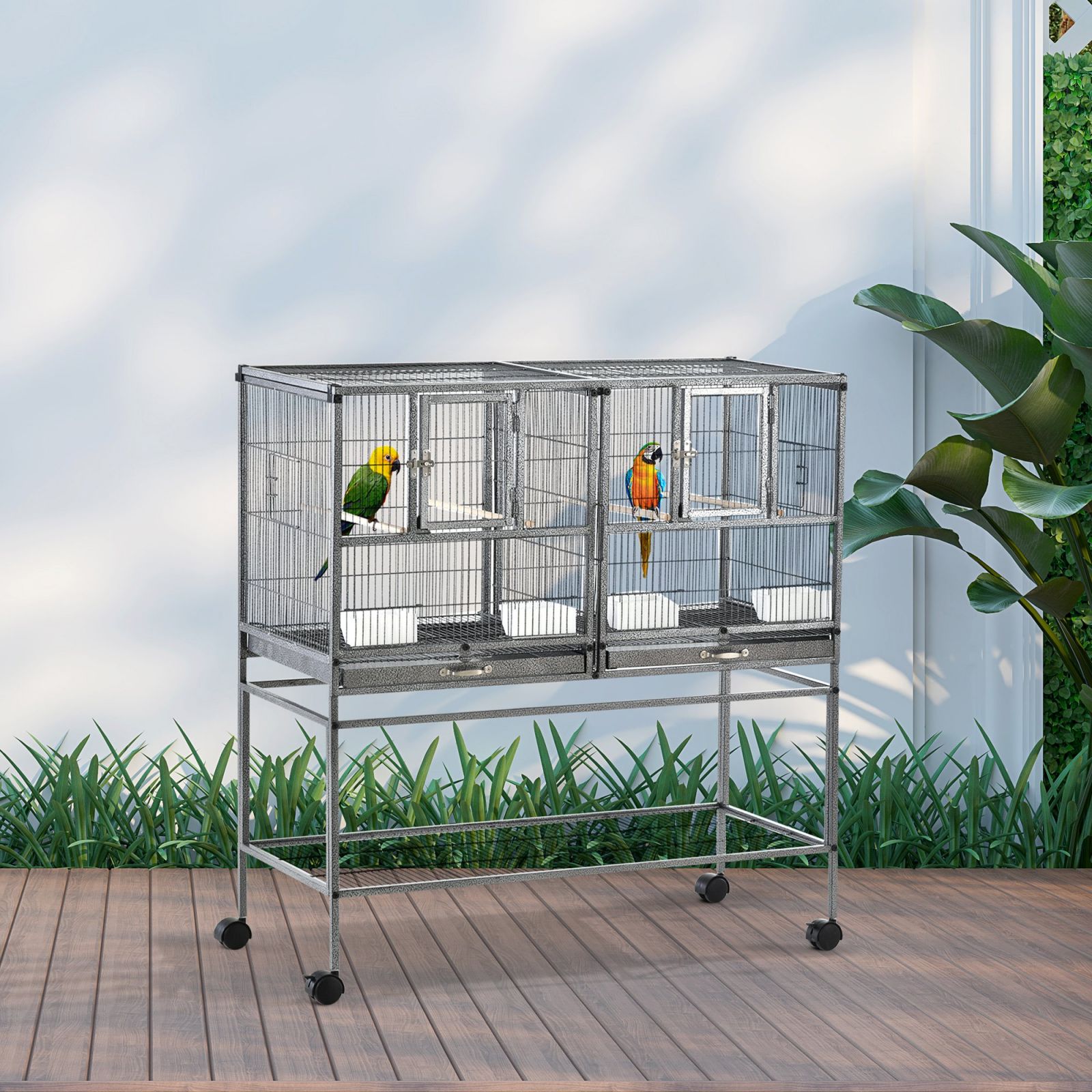 EASYCOMFORT Double Metal Bird Cage with Removable Trays, Stand with 4 Wheels and Shelf, 95x45.5x102cm, Gray