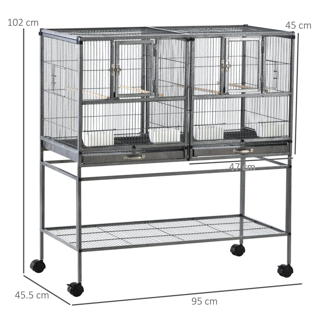 EASYCOMFORT Double Metal Bird Cage with Removable Trays, Stand with 4 Wheels and Shelf, 95x45.5x102cm, Gray