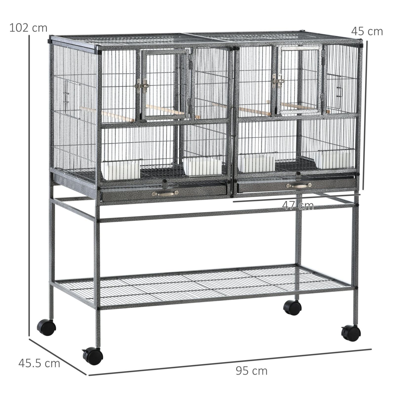 EASYCOMFORT Double Metal Bird Cage with Removable Trays, Stand with 4 Wheels and Shelf, 95x45.5x102cm, Gray