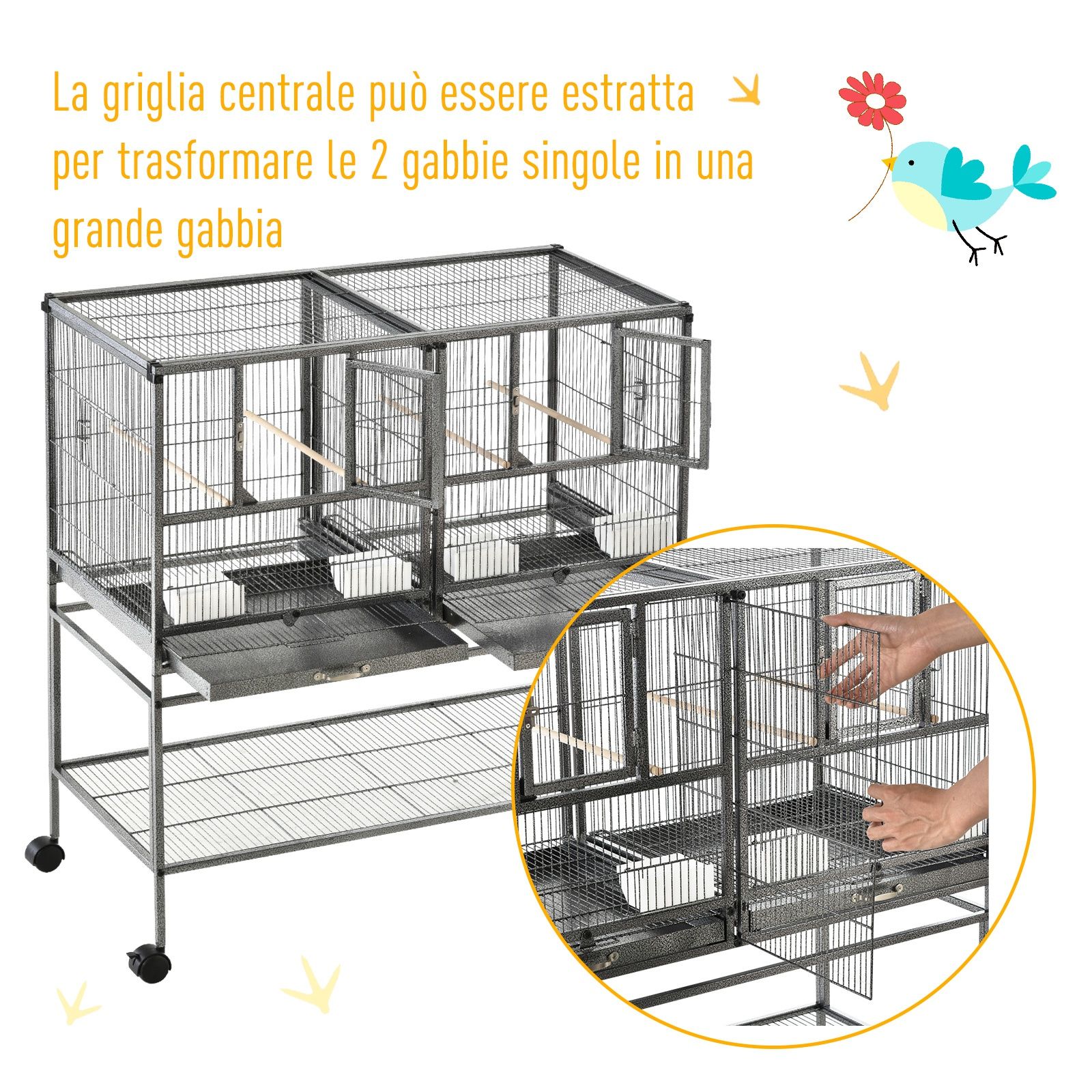 EASYCOMFORT Double Metal Bird Cage with Removable Trays, Stand with 4 Wheels and Shelf, 95x45.5x102cm, Gray