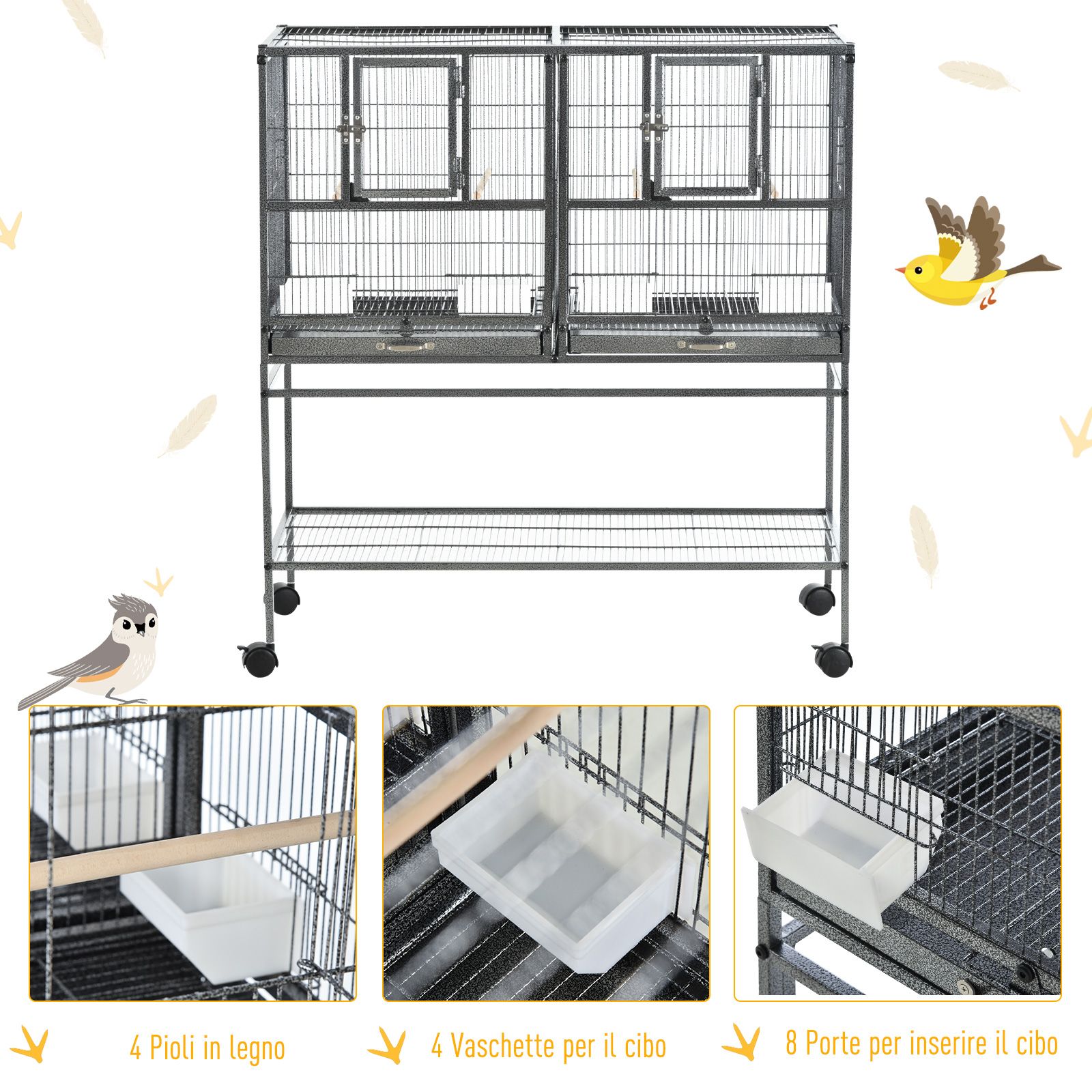 EASYCOMFORT Double Metal Bird Cage with Removable Trays, Stand with 4 Wheels and Shelf, 95x45.5x102cm, Gray