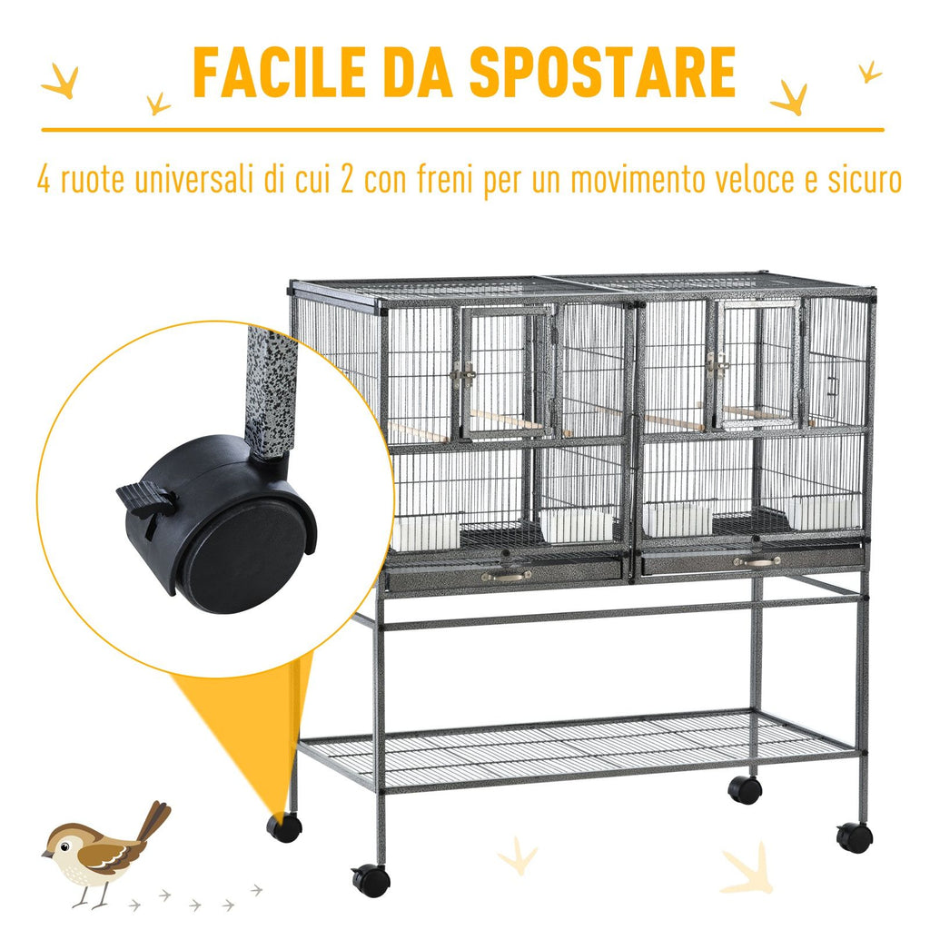 EASYCOMFORT Double Metal Bird Cage with Removable Trays, Stand with 4 Wheels and Shelf, 95x45.5x102cm, Gray