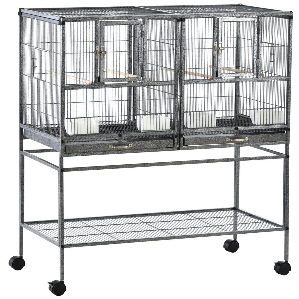 EASYCOMFORT Double Metal Bird Cage with Removable Trays, Stand with 4 Wheels and Shelf, 95x45.5x102cm, Gray