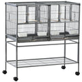 EASYCOMFORT Double Metal Bird Cage with Removable Trays, Stand with 4 Wheels and Shelf, 95x45.5x102cm, Gray