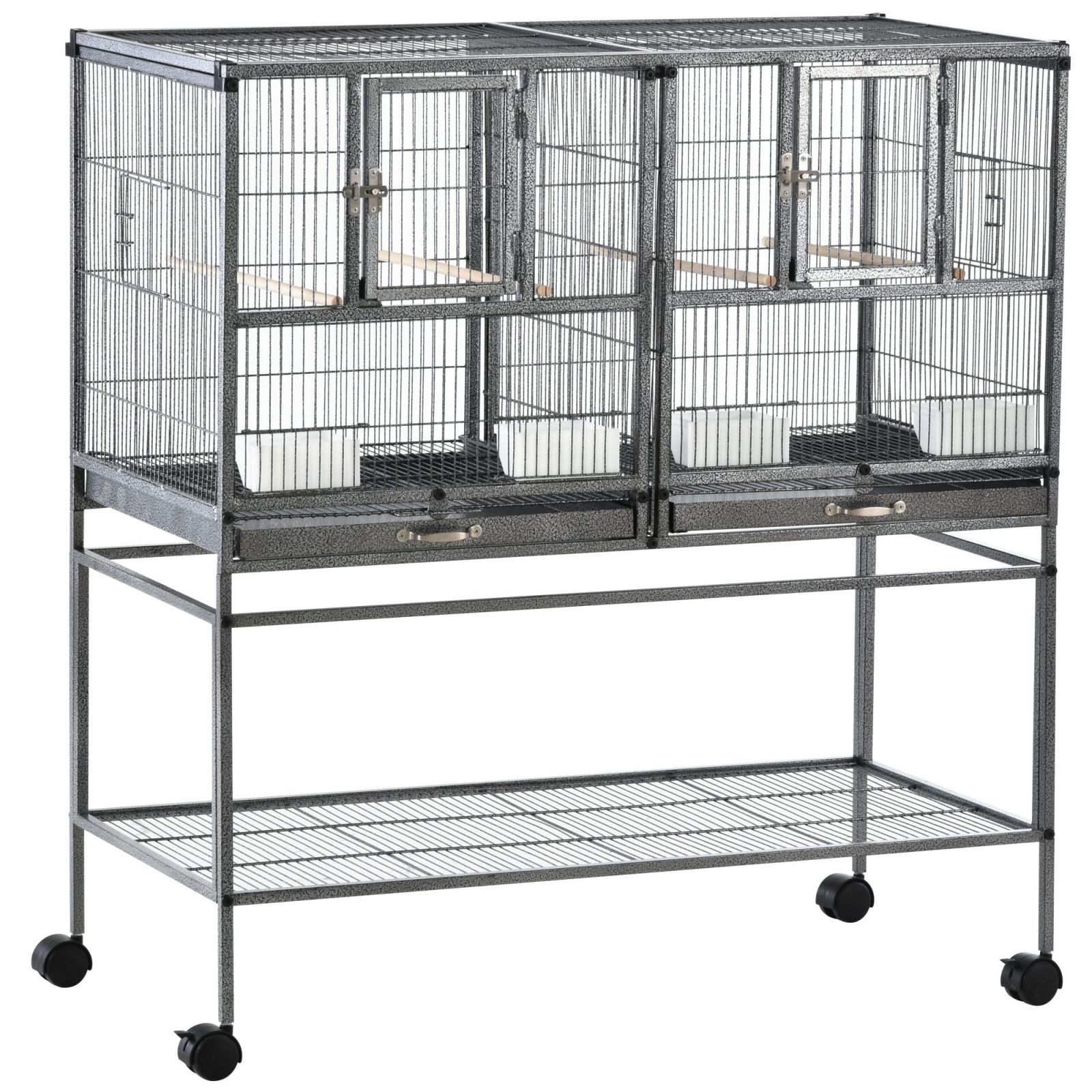 EASYCOMFORT Double Metal Bird Cage with Removable Trays, Stand with 4 Wheels and Shelf, 95x45.5x102cm, Gray