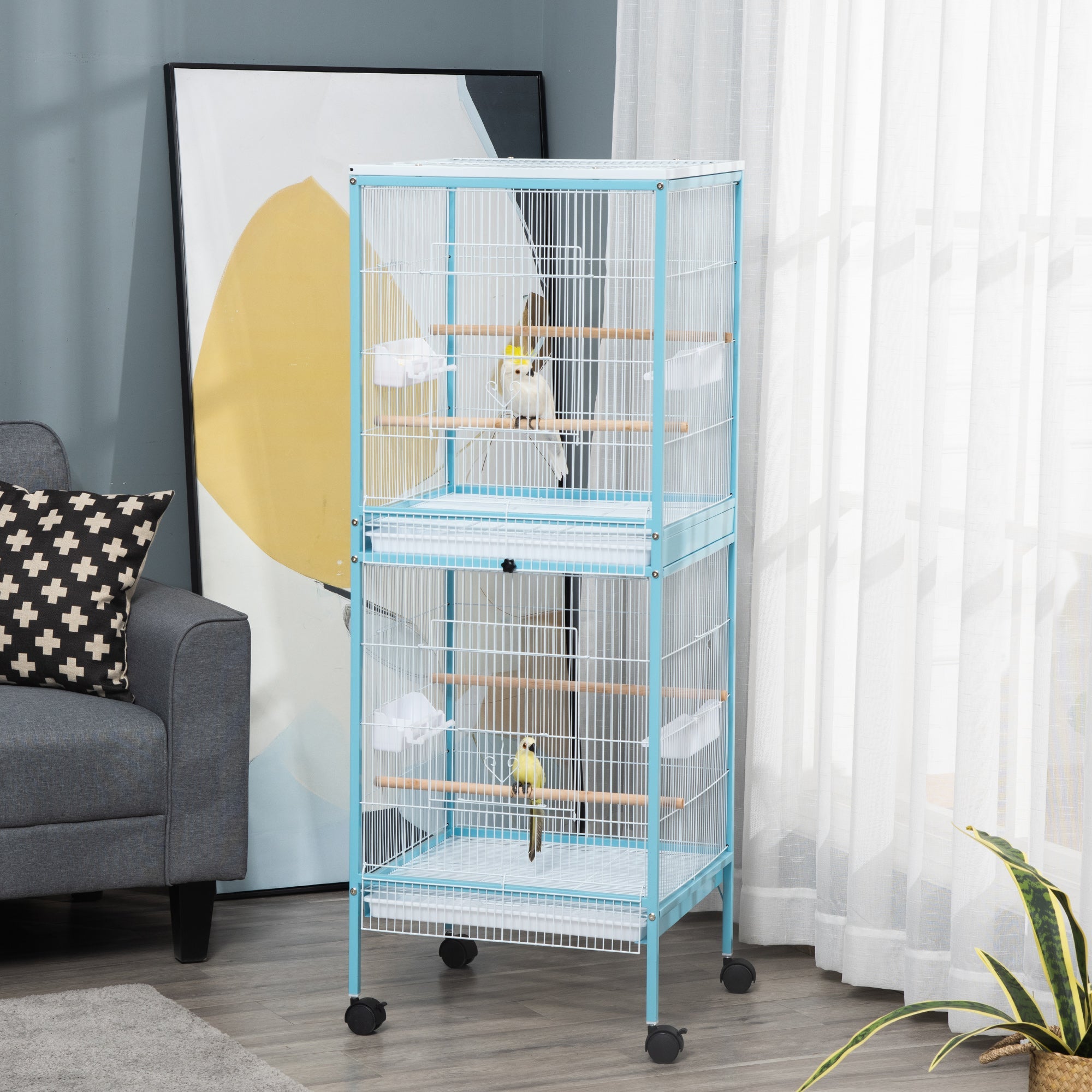 EASYCOMFORT Bird Cage 2 in 1 Indoor Aviary with 4 Wheels and Removable Trays, 51.5x50x140cm