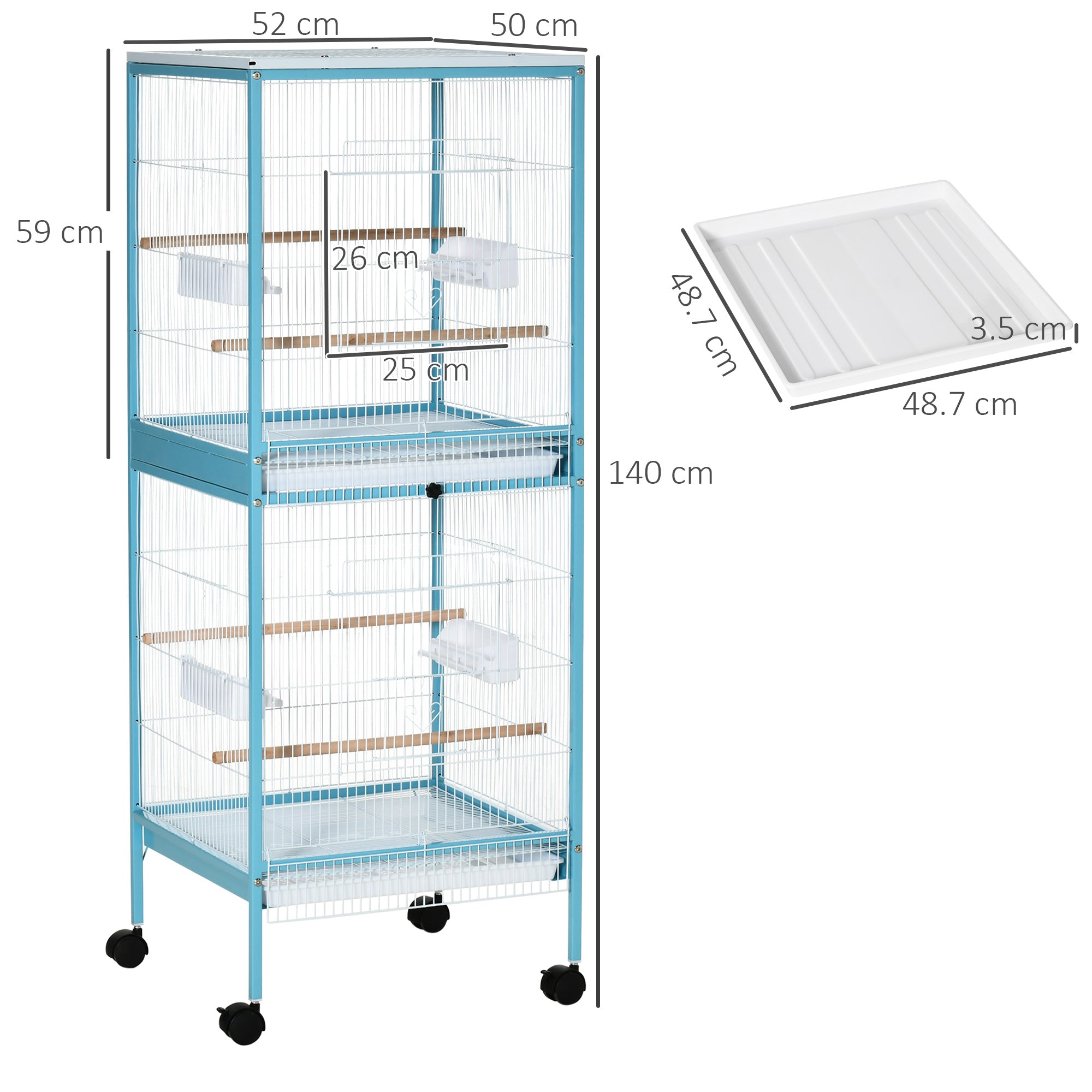 EASYCOMFORT Bird Cage 2 in 1 Indoor Aviary with 4 Wheels and Removable Trays, 51.5x50x140cm