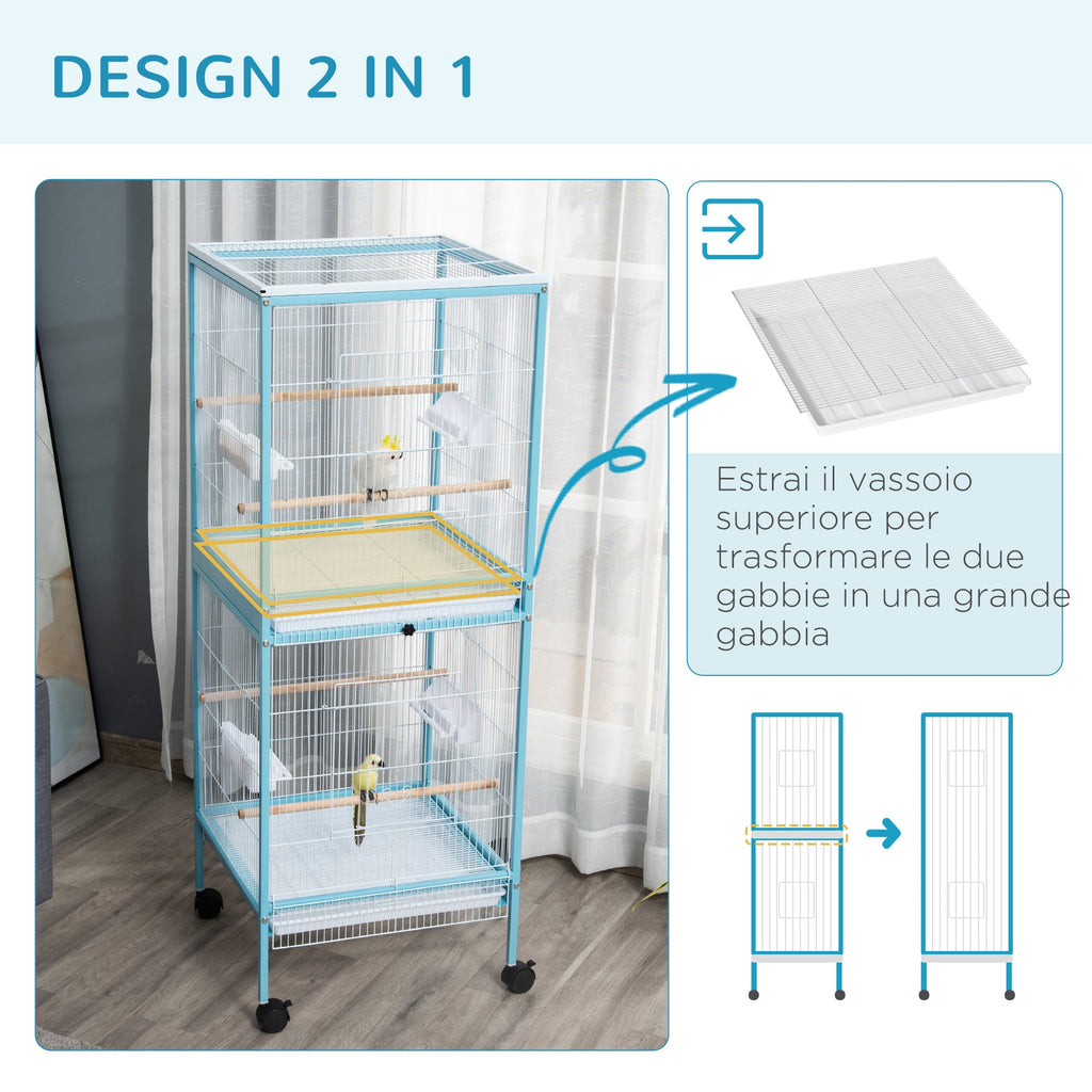 EASYCOMFORT Bird Cage 2 in 1 Indoor Aviary with 4 Wheels and Removable Trays, 51.5x50x140cm