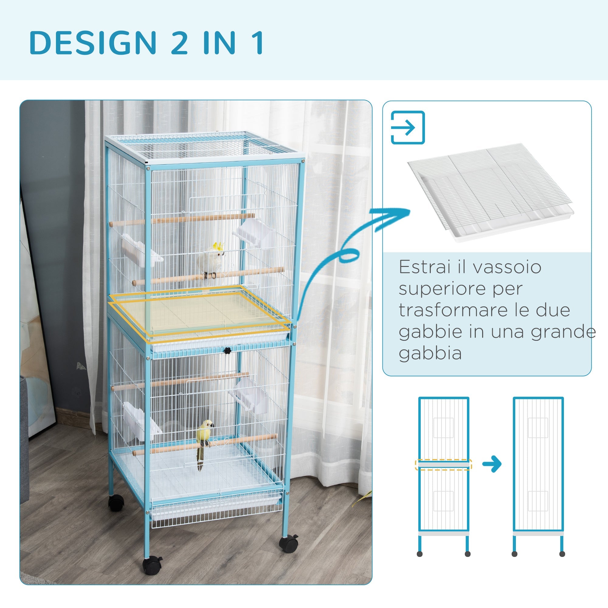 EASYCOMFORT Bird Cage 2 in 1 Indoor Aviary with 4 Wheels and Removable Trays, 51.5x50x140cm
