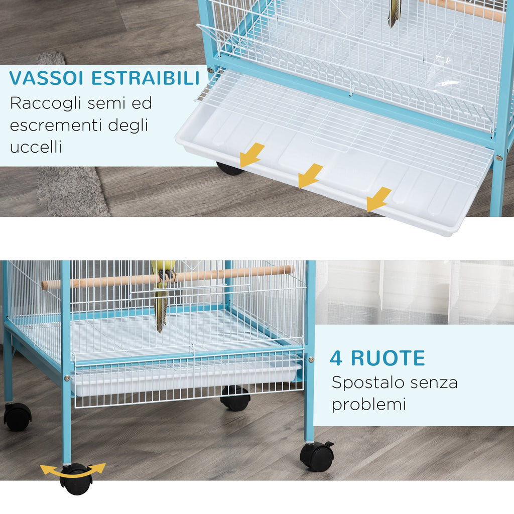 EASYCOMFORT Bird Cage 2 in 1 Indoor Aviary with 4 Wheels and Removable Trays, 51.5x50x140cm
