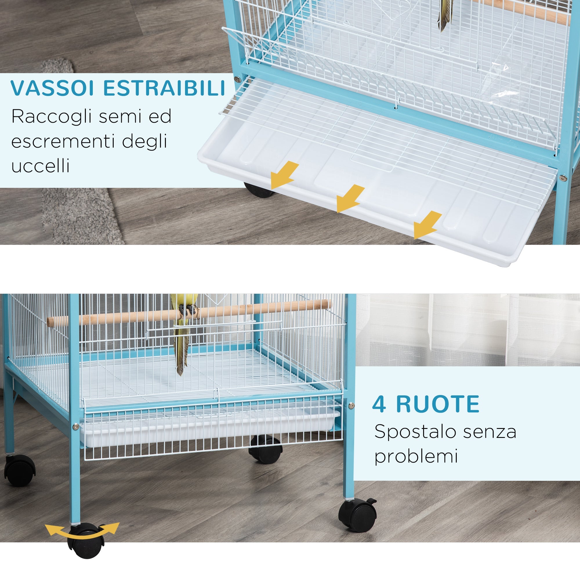 EASYCOMFORT Bird Cage 2 in 1 Indoor Aviary with 4 Wheels and Removable Trays, 51.5x50x140cm