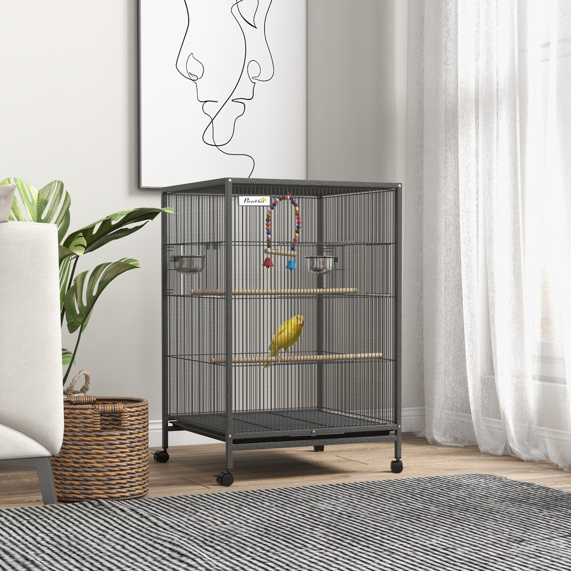 Easycomfort Gabbia per Uccelli in Acciaio e PP with 5 Porte, 2 Posatoi e Vassoio Estraibile, 48x46x74 cm, Grigio