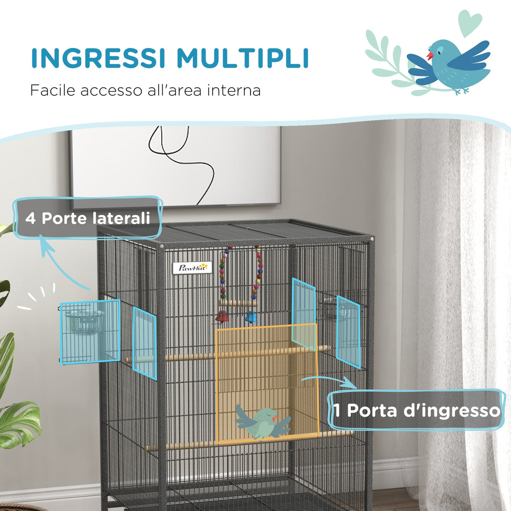 Easycomfort Gabbia per Uccelli in Acciaio e PP with 5 Porte, 2 Posatoi e Vassoio Estraibile, 48x46x74 cm, Grigio