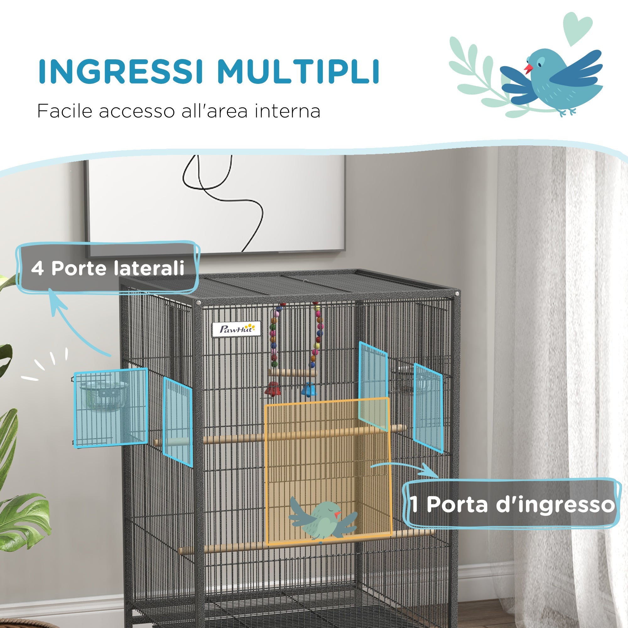 Easycomfort Gabbia per Uccelli in Acciaio e PP with 5 Porte, 2 Posatoi e Vassoio Estraibile, 48x46x74 cm, Grigio