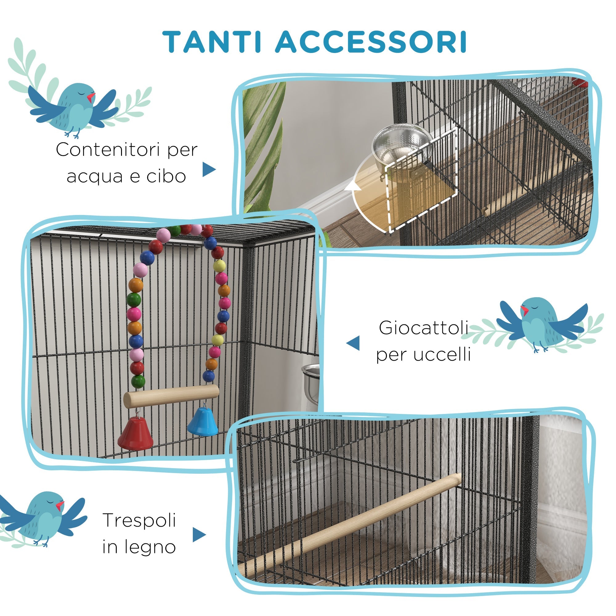 Easycomfort Gabbia per Uccelli in Acciaio e PP with 5 Porte, 2 Posatoi e Vassoio Estraibile, 48x46x74 cm, Grigio