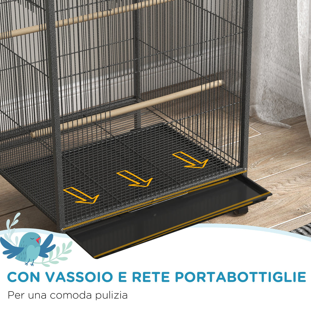 Easycomfort Gabbia per Uccelli in Acciaio e PP with 5 Porte, 2 Posatoi e Vassoio Estraibile, 48x46x74 cm, Grigio