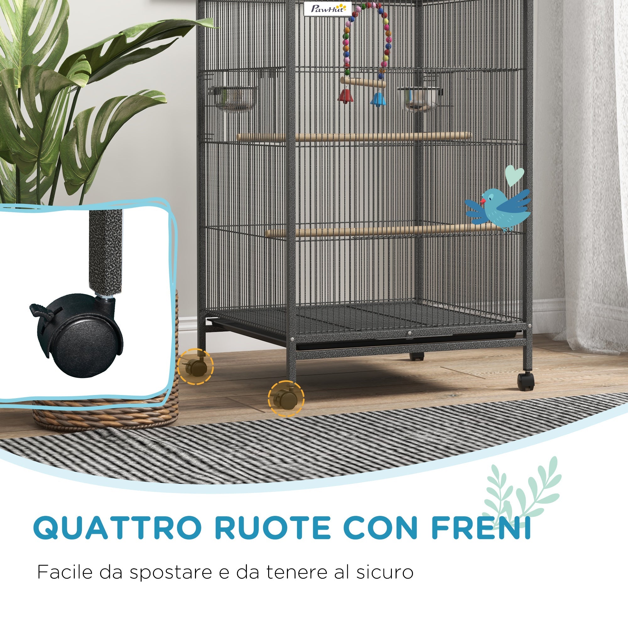 Easycomfort Gabbia per Uccelli in Acciaio e PP with 5 Porte, 2 Posatoi e Vassoio Estraibile, 48x46x74 cm, Grigio