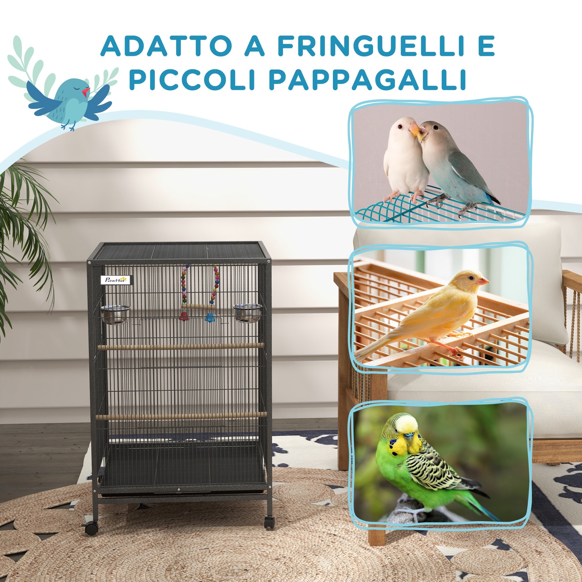 Easycomfort Gabbia per Uccelli in Acciaio e PP with 5 Porte, 2 Posatoi e Vassoio Estraibile, 48x46x74 cm, Grigio