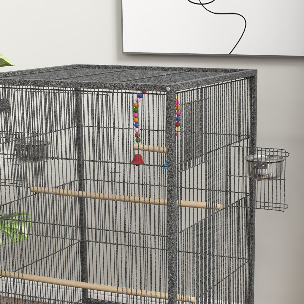 Easycomfort Gabbia per Uccelli in Acciaio e PP with 5 Porte, 2 Posatoi e Vassoio Estraibile, 48x46x74 cm, Grigio