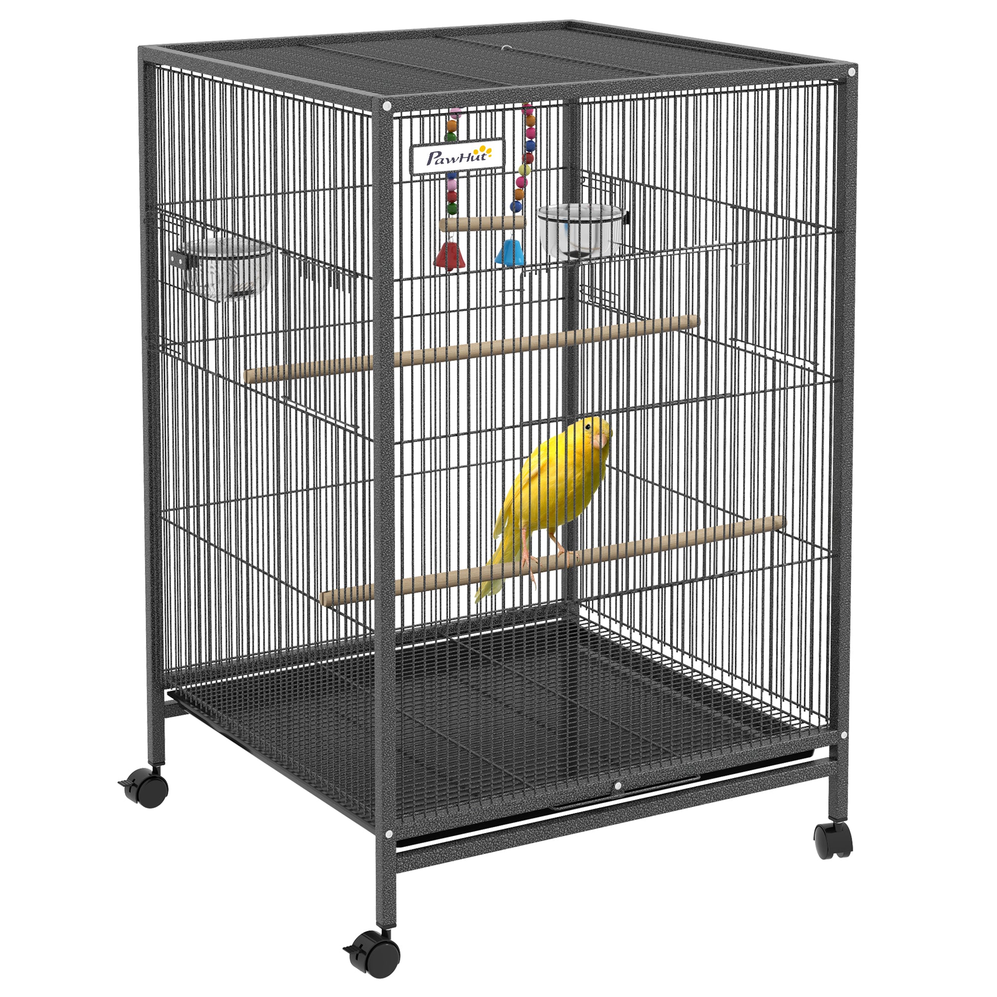 Easycomfort Gabbia per Uccelli in Acciaio e PP with 5 Porte, 2 Posatoi e Vassoio Estraibile, 48x46x74 cm, Grigio