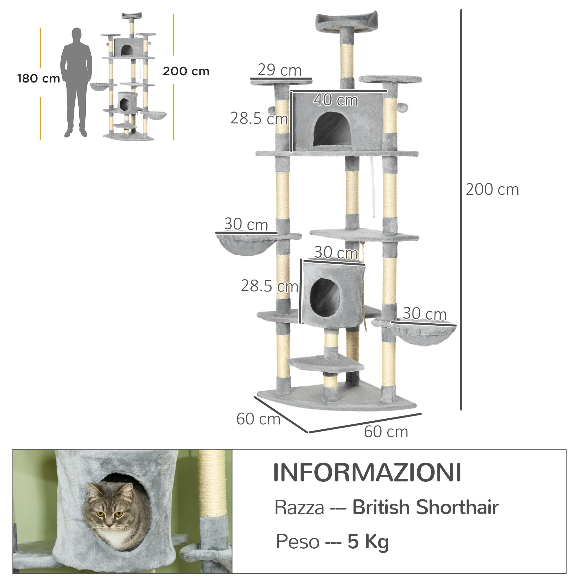 EasyComfort Albero Tiragraffi per Gatti Alto - Krabpaal 60x60x200 cm