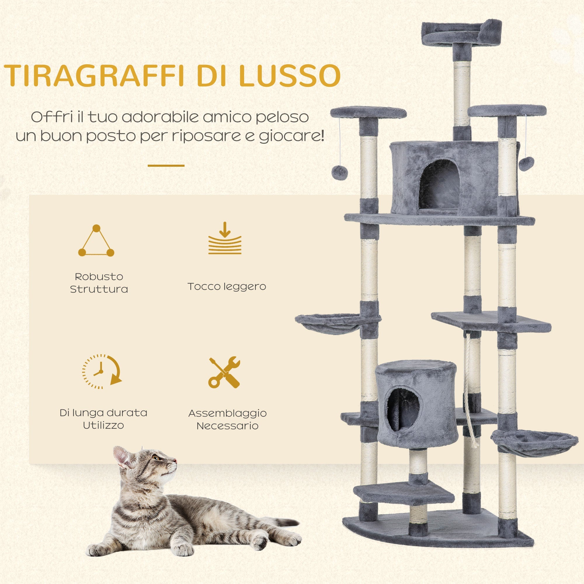 EasyComfort Albero Tiragraffi per Gatti Alto - Krabpaal 60x60x200 cm