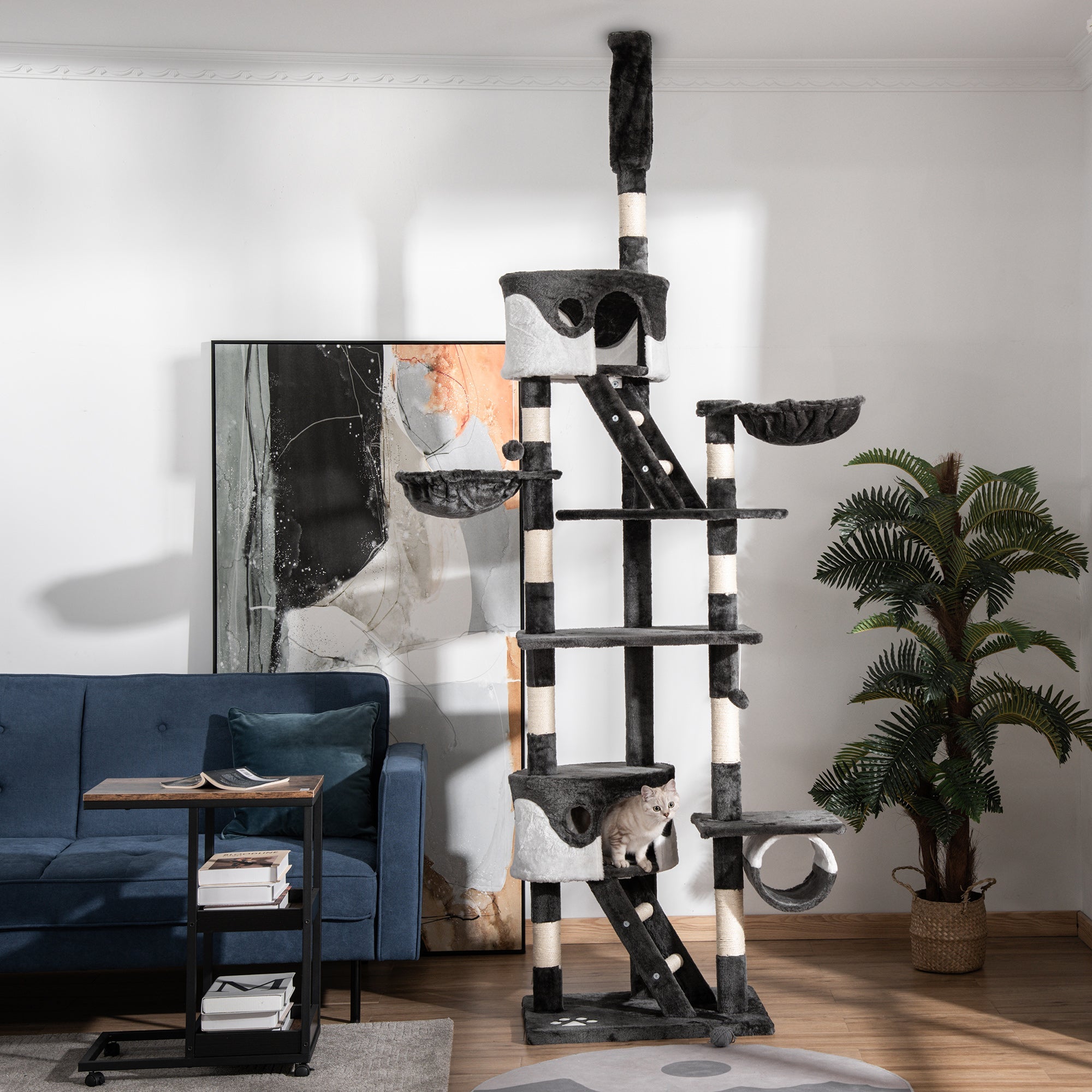 EASYCOMFORT Multilevel Ceiling Scratching Post 240-260cm with Kennels, Hammocks and Ladders, Sisal Ropes, Dark Gray and White