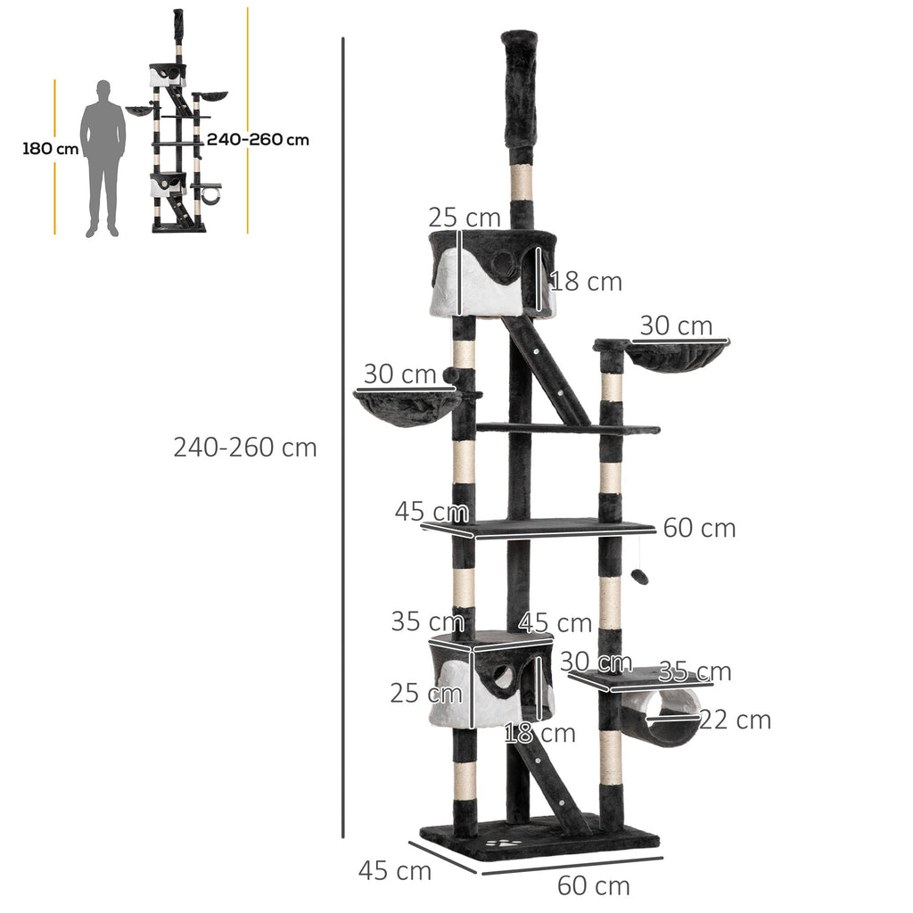 EASYCOMFORT Multilevel Ceiling Scratching Post 240-260cm with Kennels, Hammocks and Ladders, Sisal Ropes, Dark Gray and White