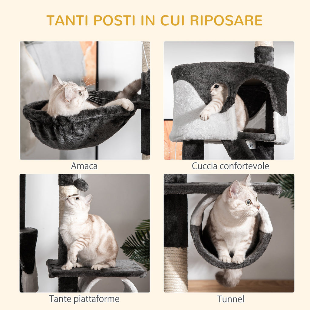 EASYCOMFORT Multilevel Ceiling Scratching Post 240-260cm with Kennels, Hammocks and Ladders, Sisal Ropes, Dark Gray and White