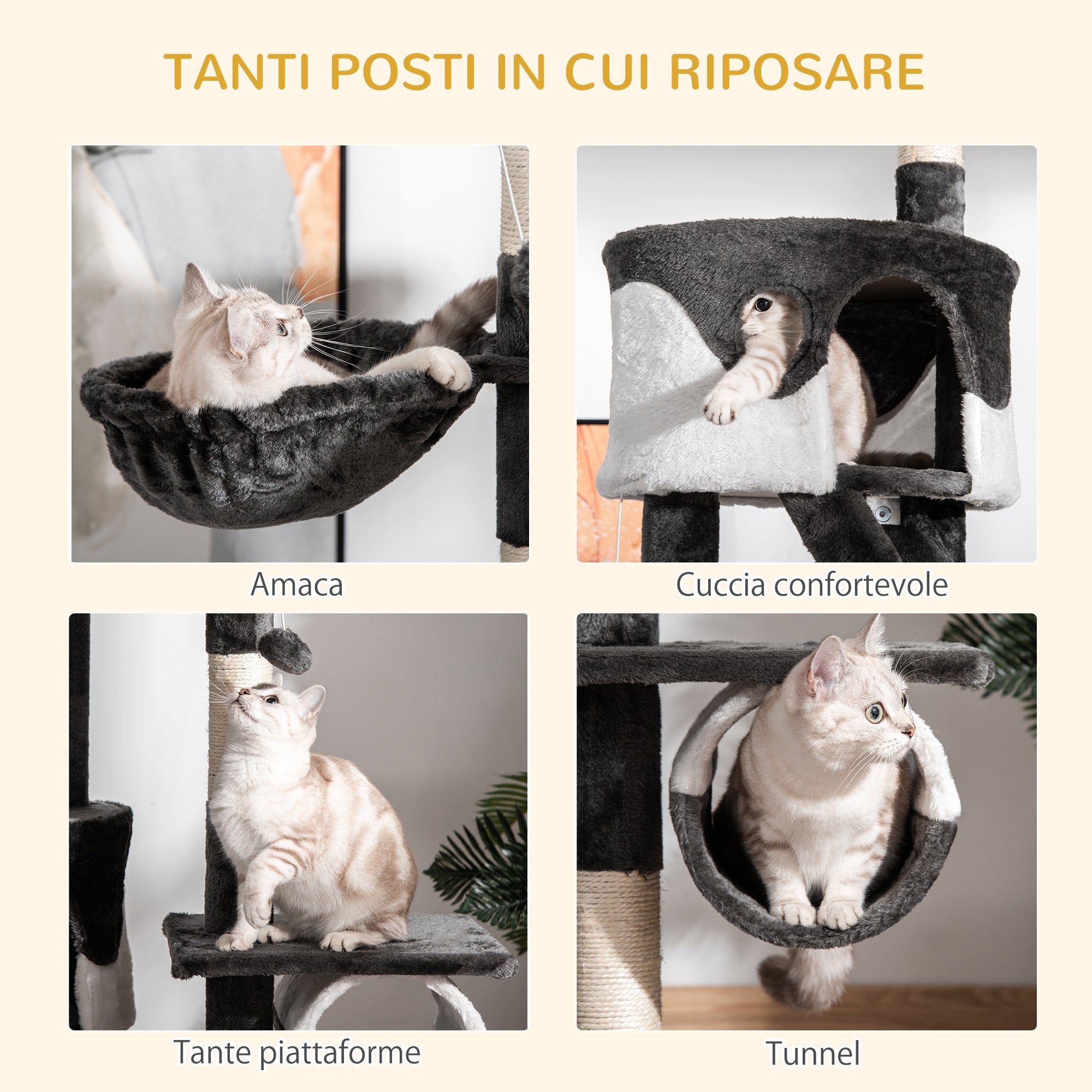 EASYCOMFORT Multilevel Ceiling Scratching Post 240-260cm with Kennels, Hammocks and Ladders, Sisal Ropes, Dark Gray and White
