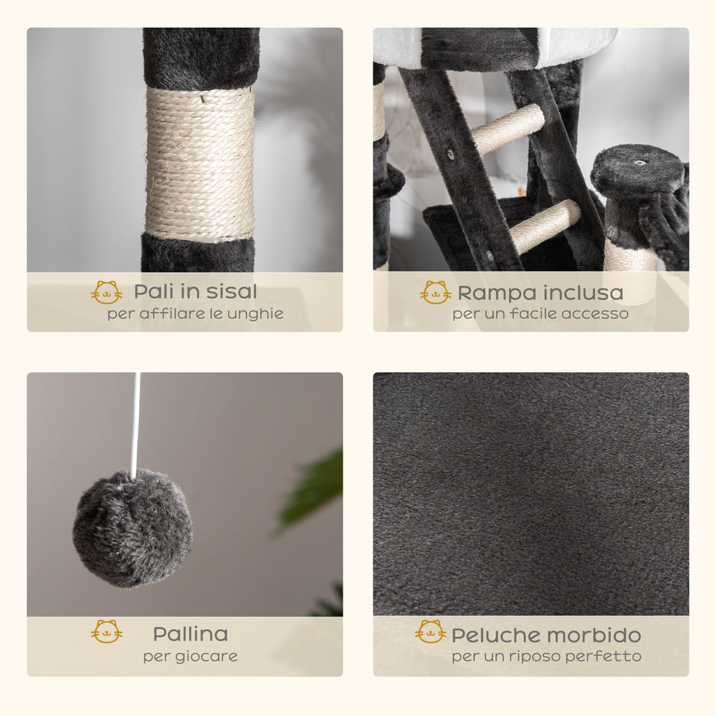 EASYCOMFORT Multilevel Ceiling Scratching Post 240-260cm with Kennels, Hammocks and Ladders, Sisal Ropes, Dark Gray and White