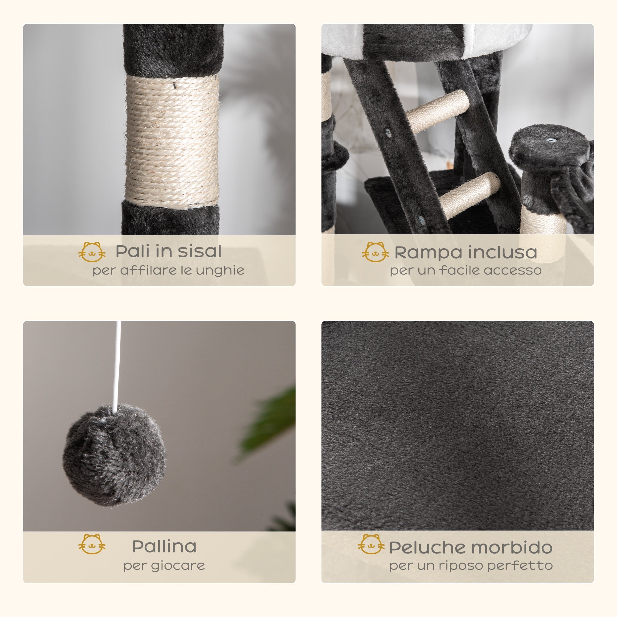 EASYCOMFORT Multilevel Ceiling Scratching Post 240-260cm with Kennels, Hammocks and Ladders, Sisal Ropes, Dark Gray and White