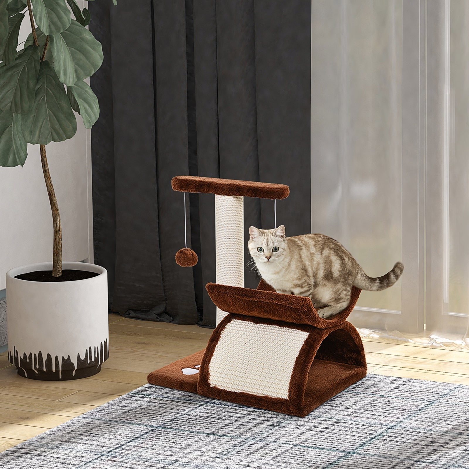 EASYCOMFORT Cat Scratching Post Tree Scratching Game Toy for Cats with Kennel 2 Hanging Balls in Natural Sisal Height 43cm