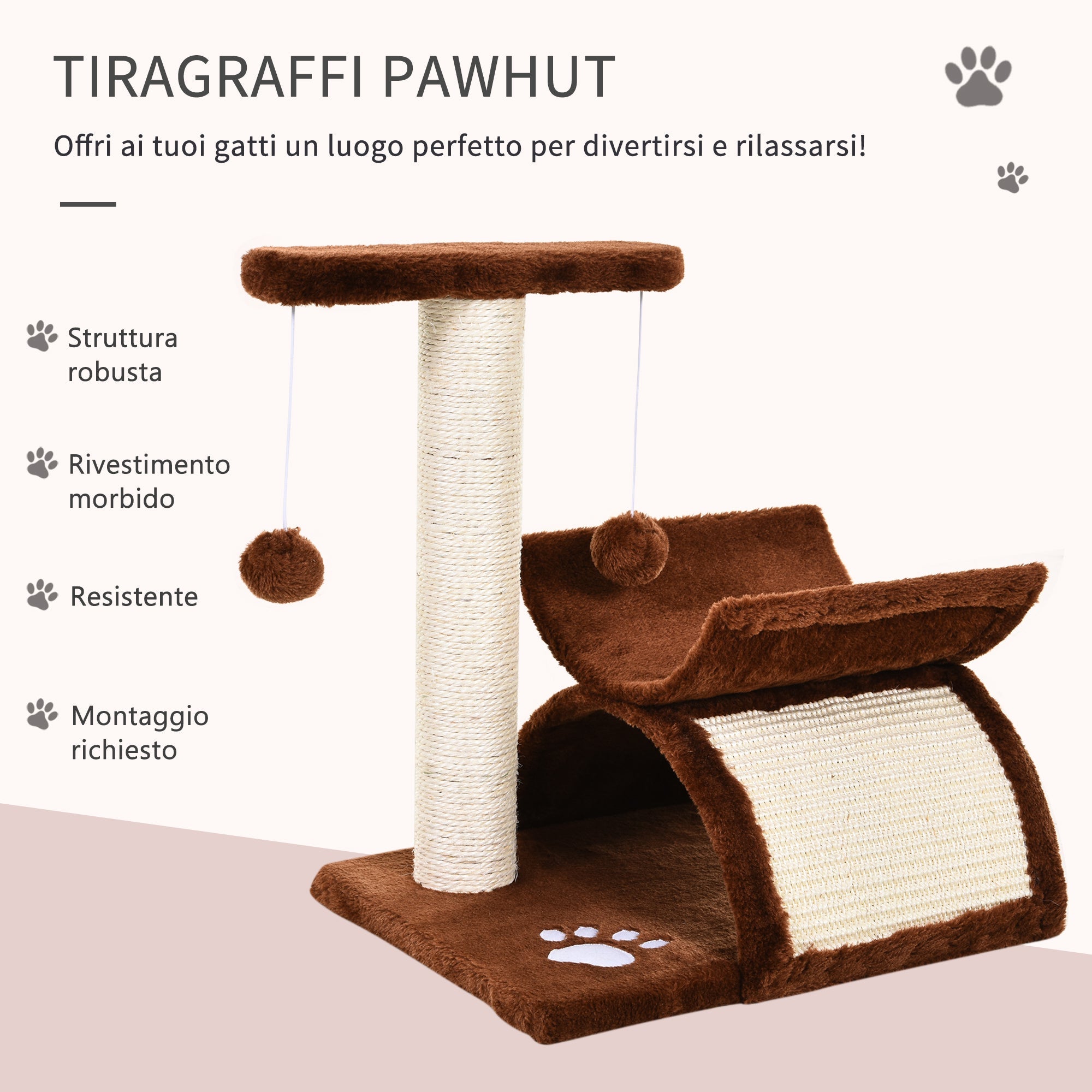 EASYCOMFORT Cat Scratching Post Tree Scratching Game Toy for Cats with Kennel 2 Hanging Balls in Natural Sisal Height 43cm