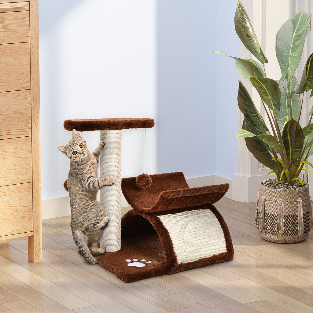 EASYCOMFORT Cat Scratching Post Tree Scratching Game Toy for Cats with Kennel 2 Hanging Balls in Natural Sisal Height 43cm