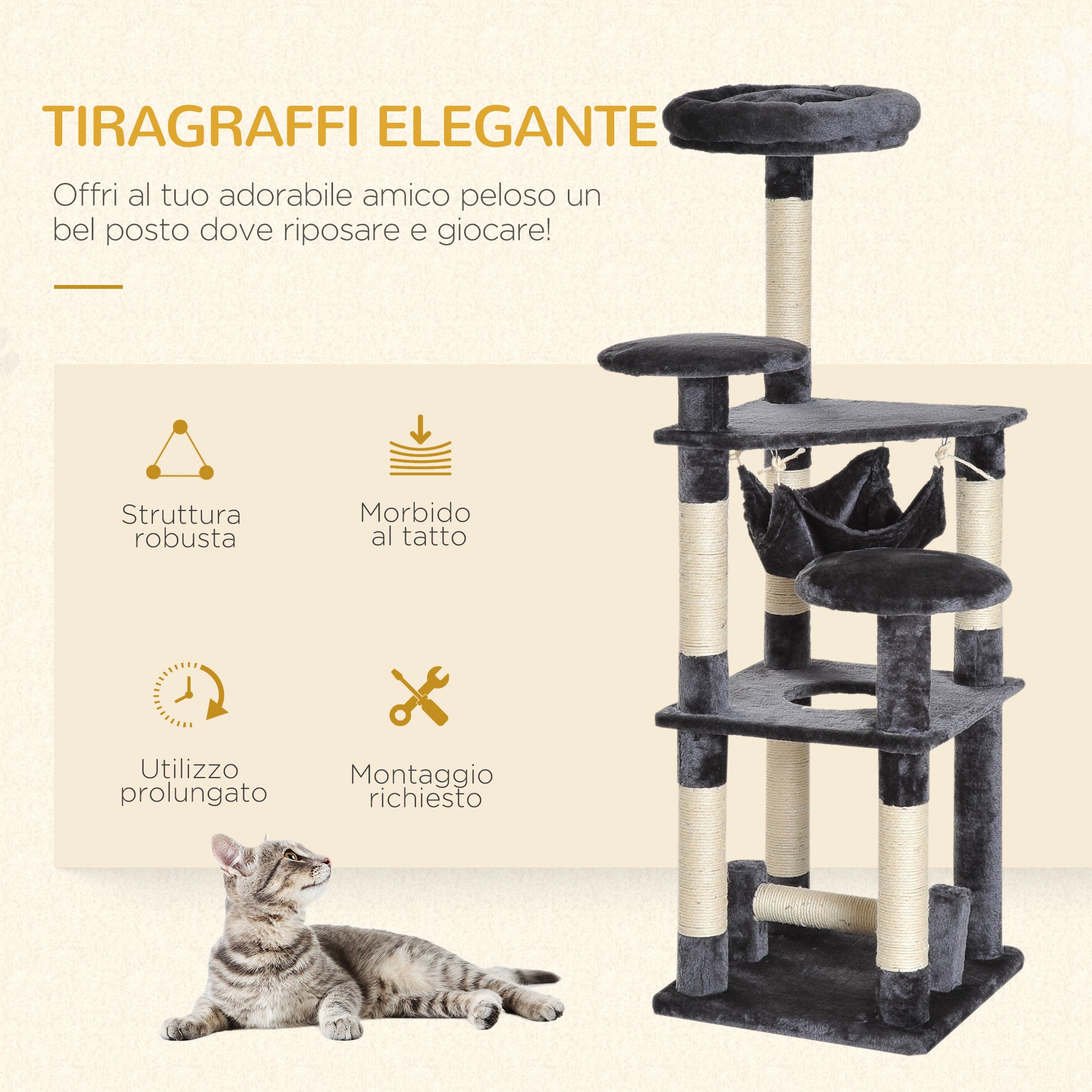 EASYCOMFORT Scratching Post for Cats with 4 Levels in Natural Gray Sisal Plush 40x40x132cm