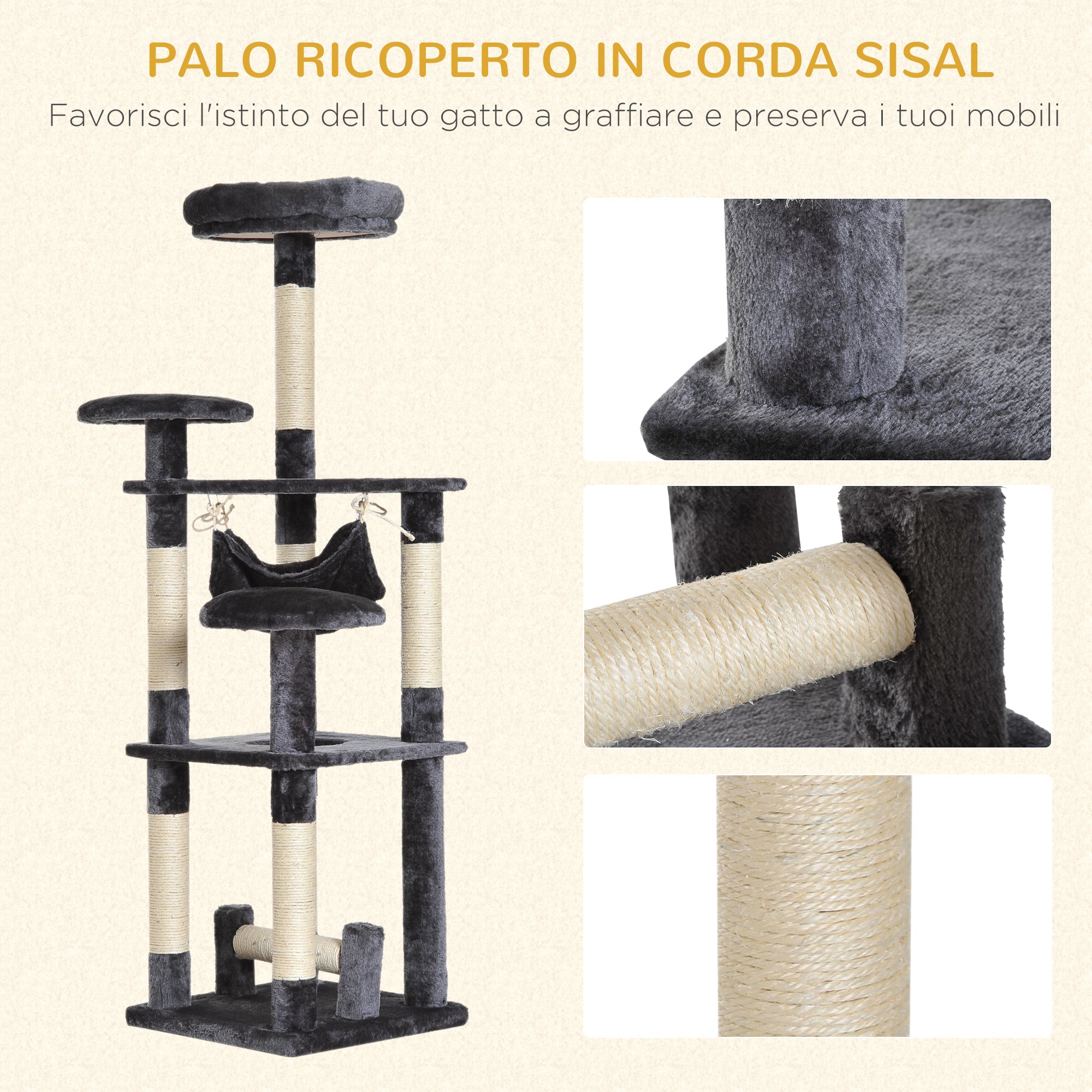 EASYCOMFORT Scratching Post for Cats with 4 Levels in Natural Gray Sisal Plush 40x40x132cm