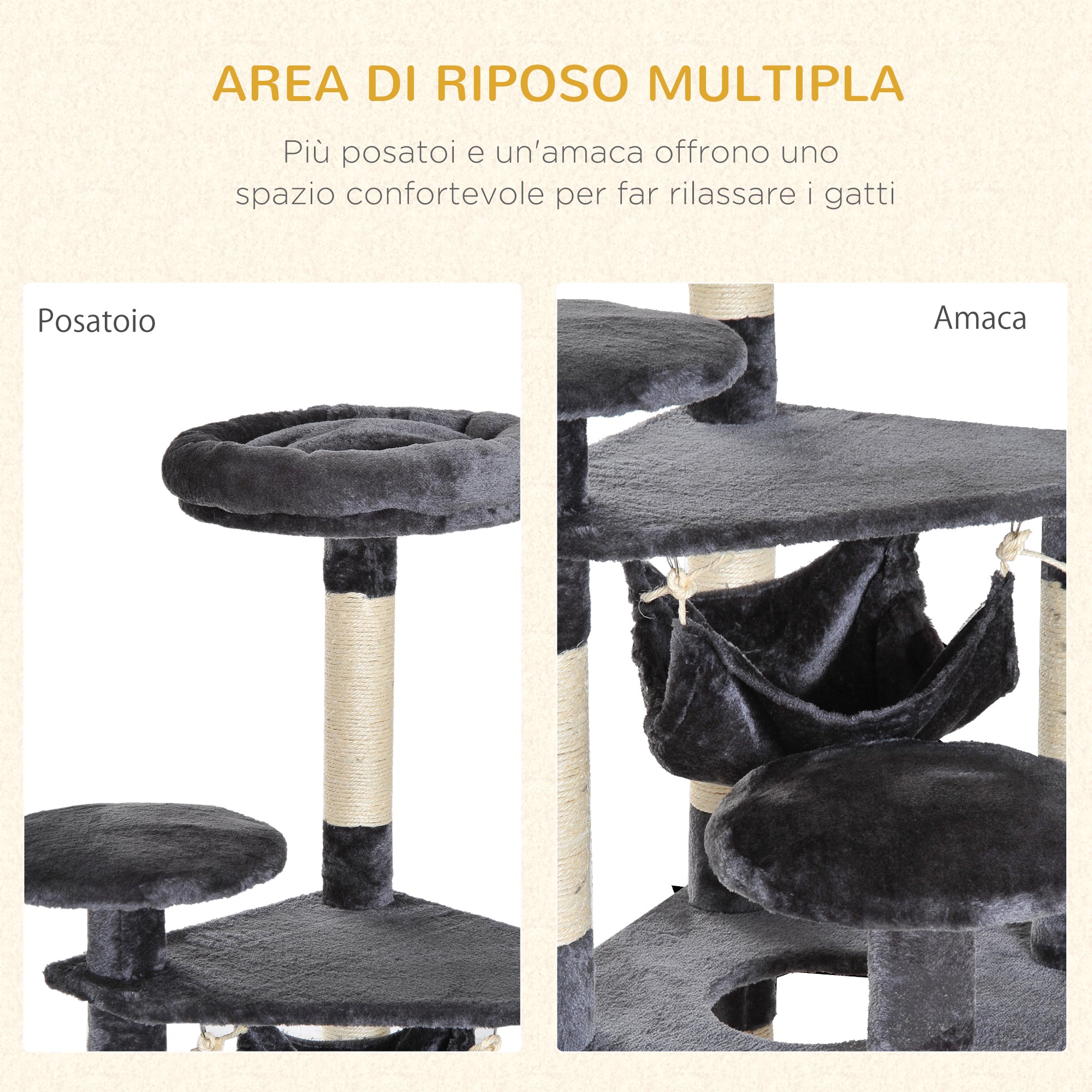EASYCOMFORT Scratching Post for Cats with 4 Levels in Natural Gray Sisal Plush 40x40x132cm