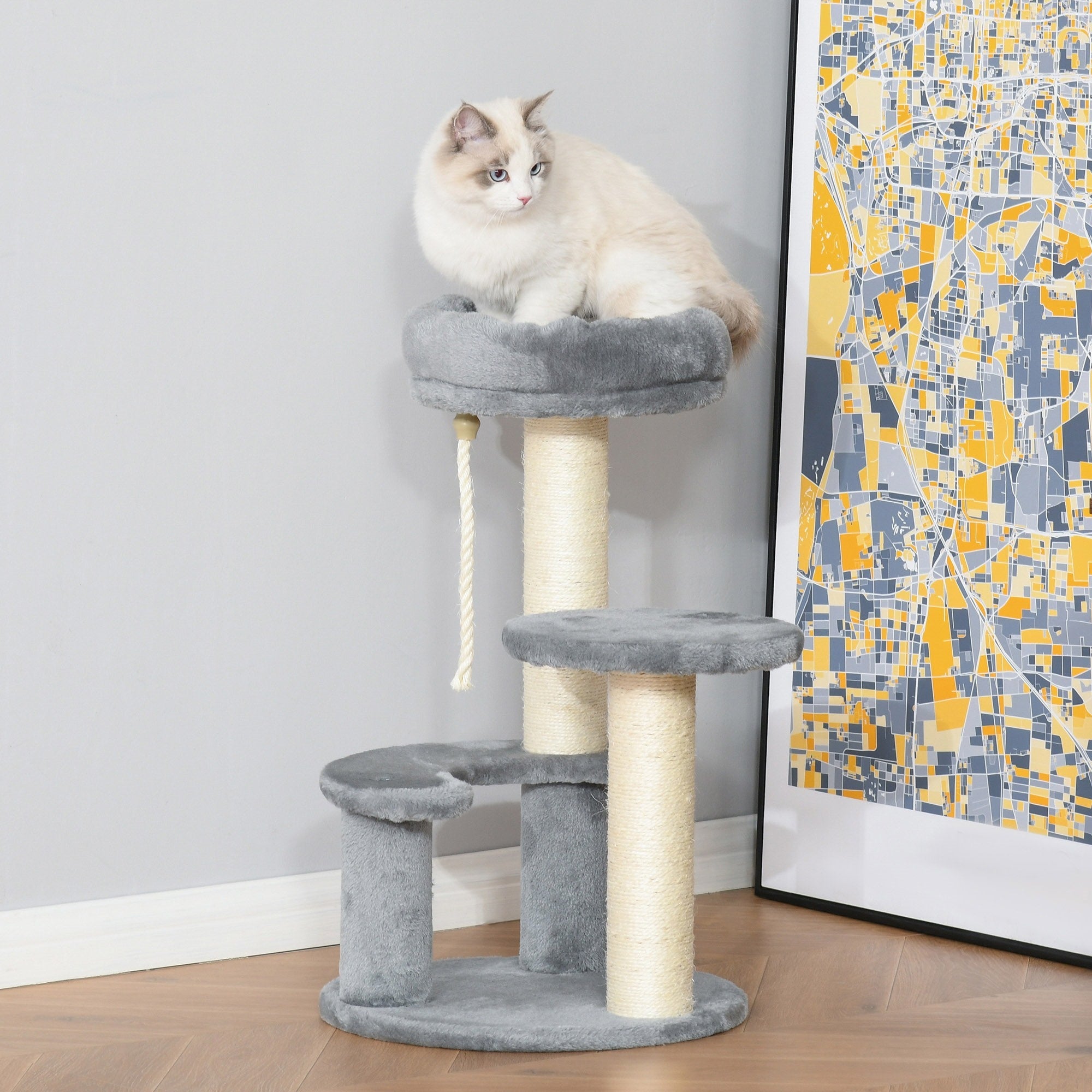 EASYCOMFORT 3-Tier Cat Tree in Natural Gray Sisal Plush Ф40x65cm