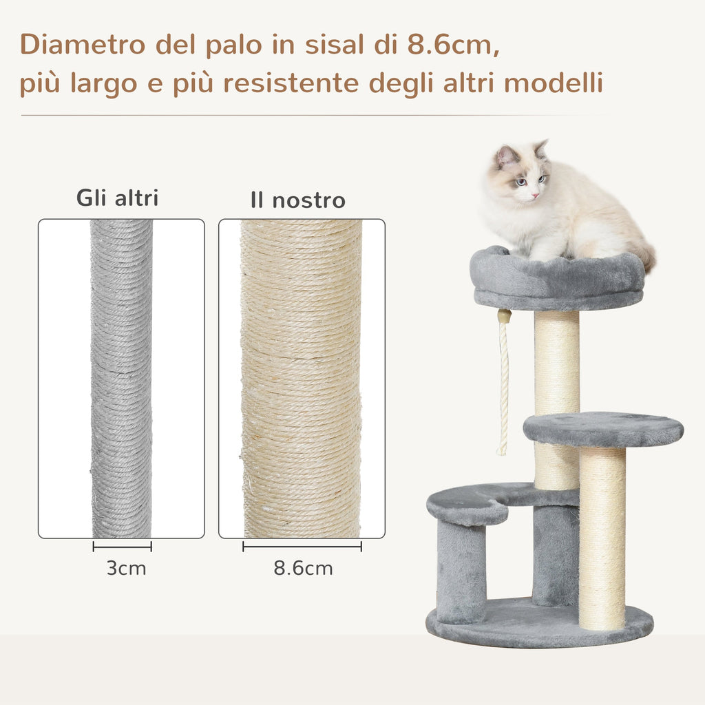 EASYCOMFORT 3-Tier Cat Tree in Natural Gray Sisal Plush Ф40x65cm