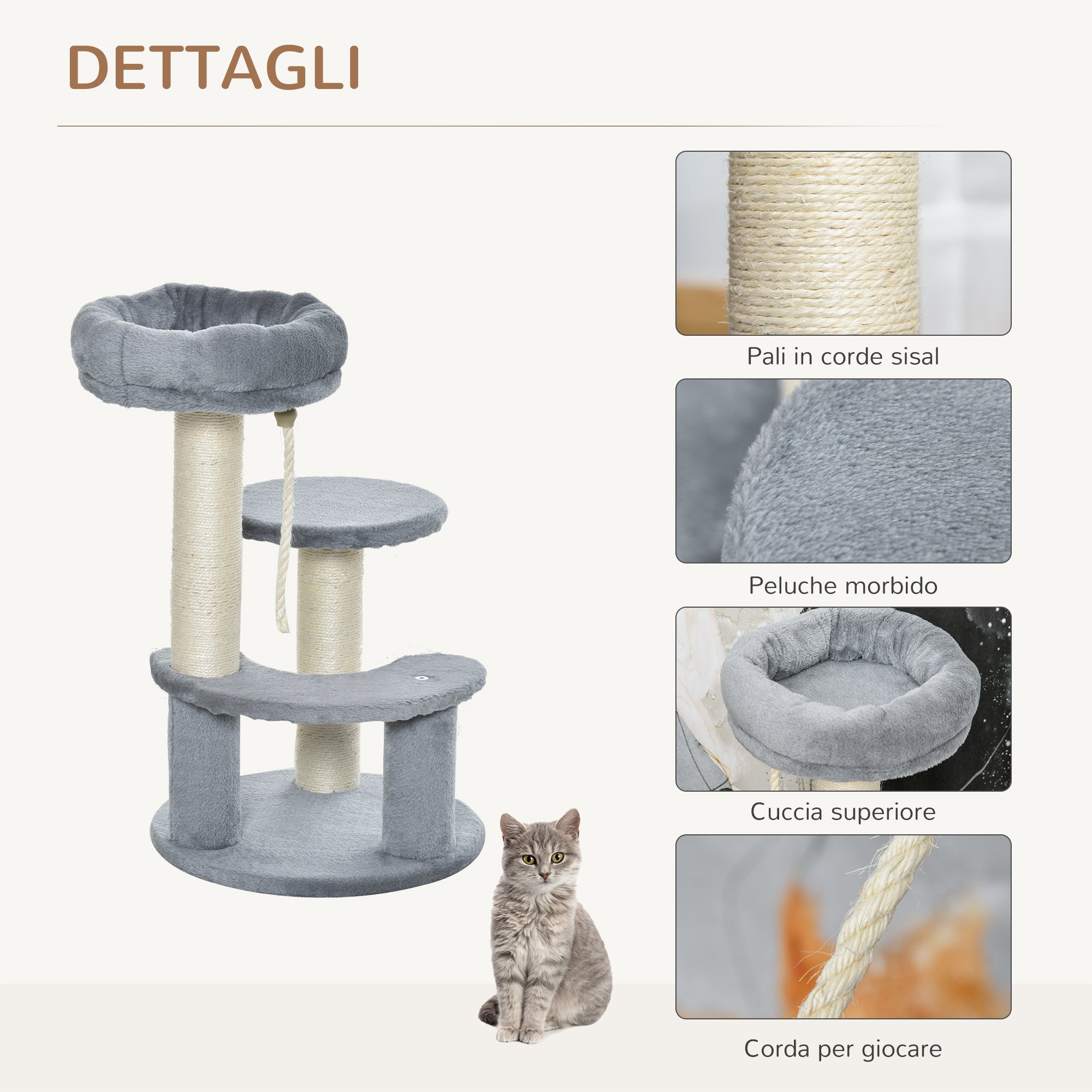 EASYCOMFORT 3-Tier Cat Tree in Natural Gray Sisal Plush Ф40x65cm