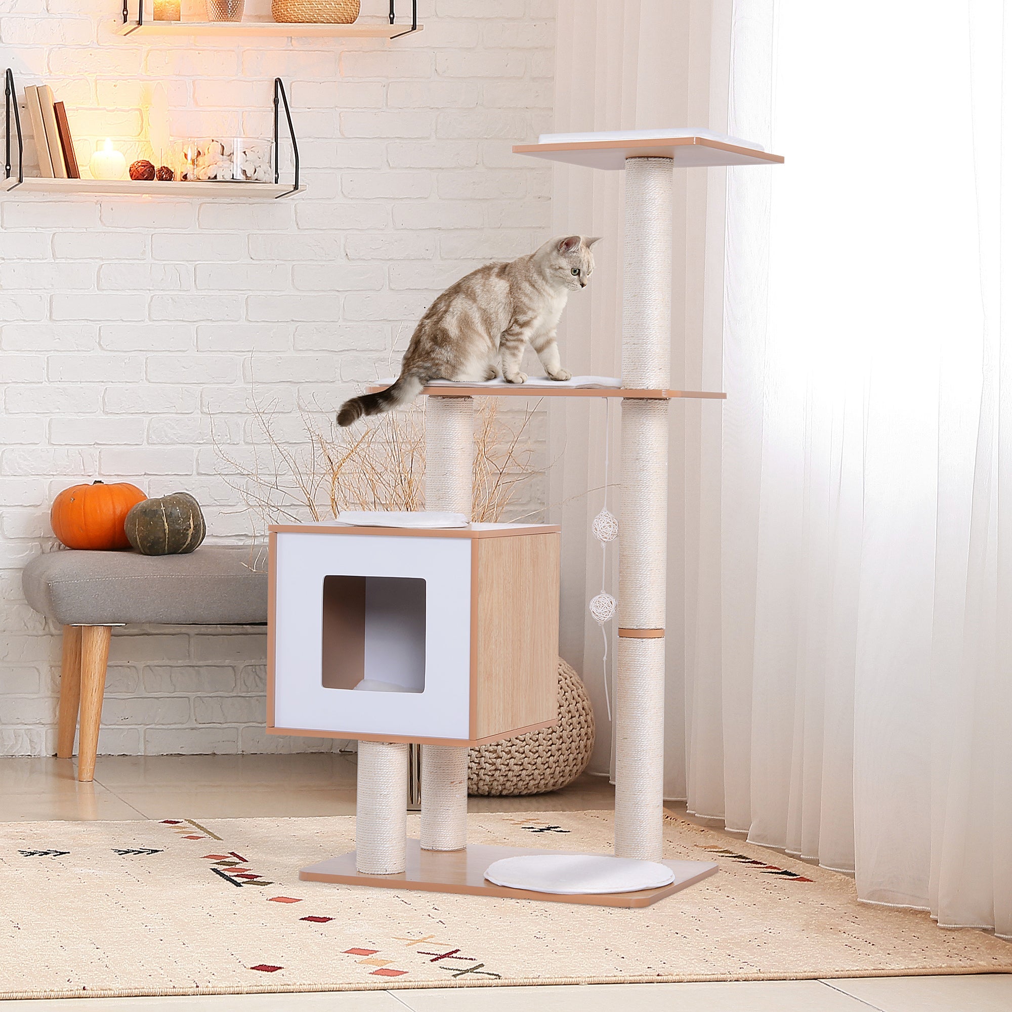 EASYCOMFORT Cat Scratching Post Height 120cm with Kennel, Platforms and Sisal Games, MDF 71.5x49.5x120cm wood, white