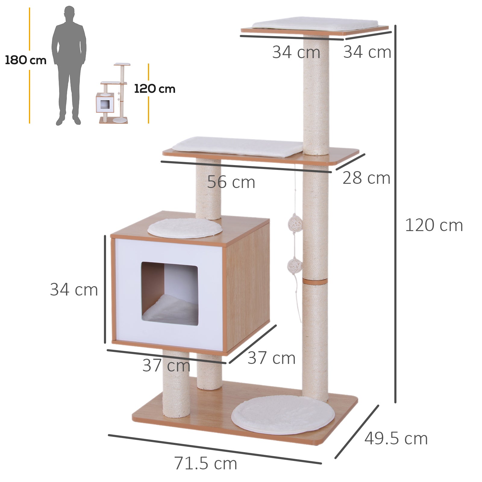 EASYCOMFORT Cat Scratching Post Height 120cm with Kennel, Platforms and Sisal Games, MDF 71.5x49.5x120cm wood, white