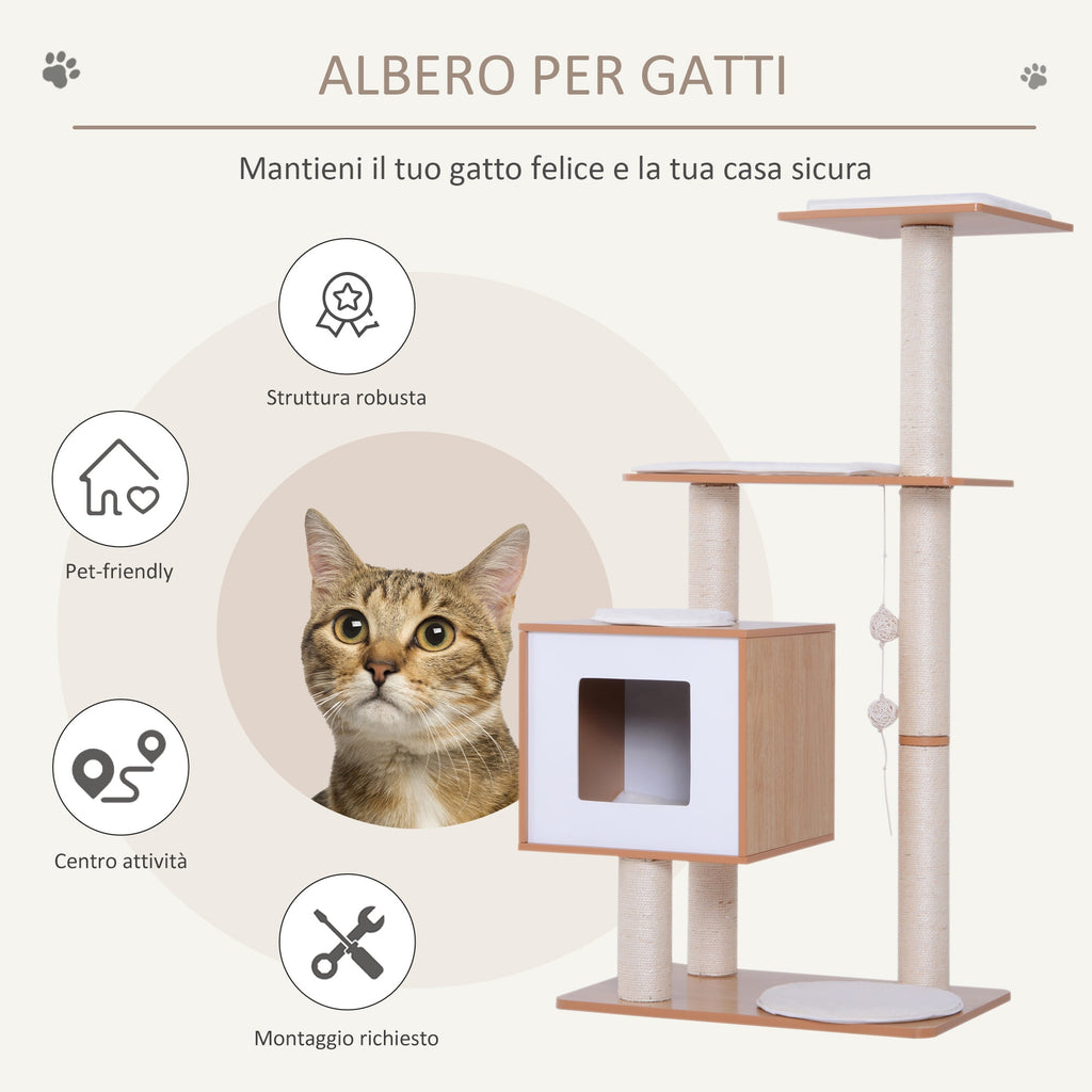 EASYCOMFORT Cat Scratching Post Height 120cm with Kennel, Platforms and Sisal Games, MDF 71.5x49.5x120cm wood, white
