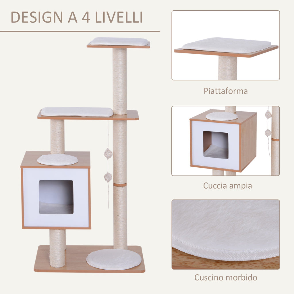 EASYCOMFORT Cat Scratching Post Height 120cm with Kennel, Platforms and Sisal Games, MDF 71.5x49.5x120cm wood, white